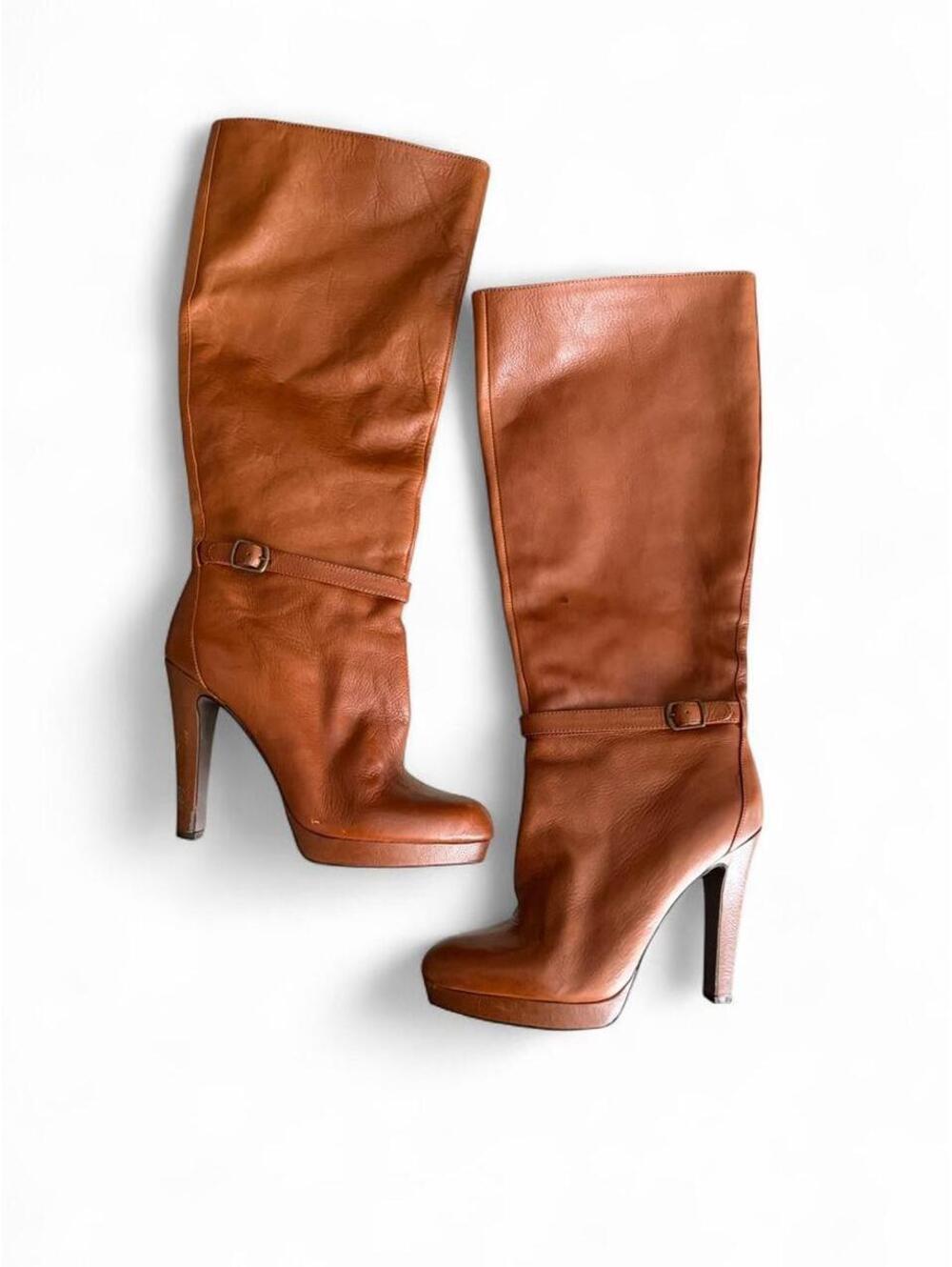 Y2K Jessica Simpson Cognac Leather Knee-High Platform Boots